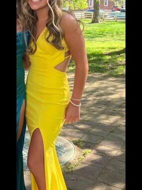 ellie wilde Bright Yellow Cutout Prom Gown with Thigh Slit